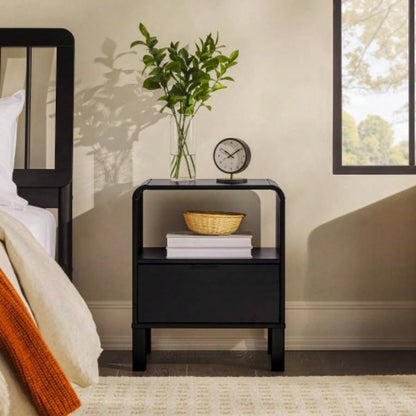 Modern Minimalist Curved - Top Solid Wood Nightstand - Black