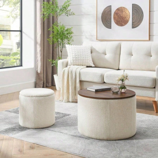 2 - Piece Set Round Chenille Storage Ottoman, Equipped with a Drum Shaped Small Stool, Storage Space, and MDF Made Desktop Panel Beige 23.62x23.62x16.53