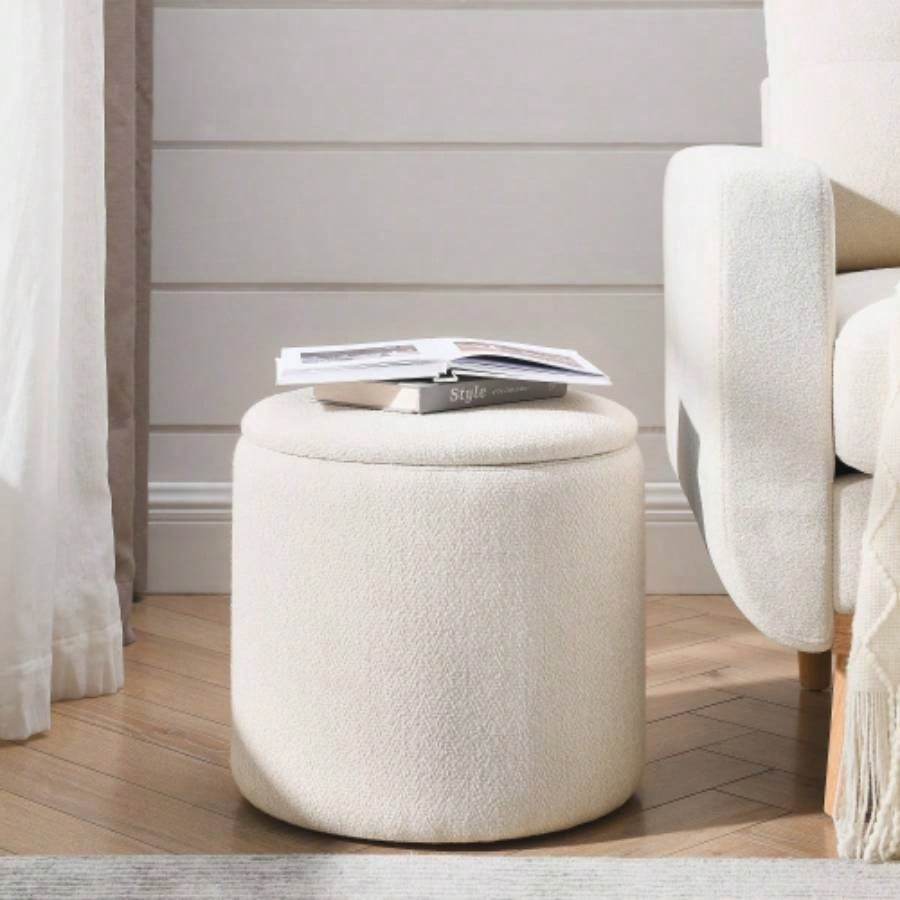 2 - Piece Set Round Chenille Storage Ottoman, Equipped with a Drum Shaped Small Stool, Storage Space, and MDF Made Desktop Panel Beige 23.62x23.62x16.53