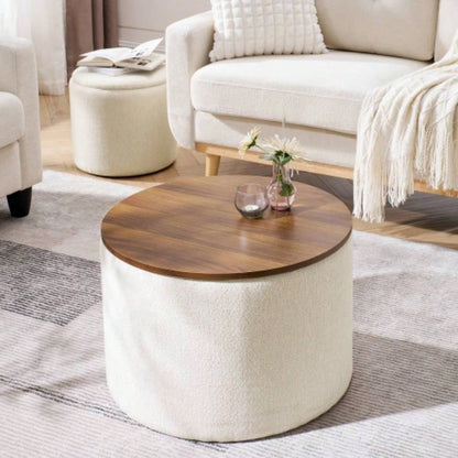 2 - Piece Set Round Chenille Storage Ottoman, Equipped with a Drum Shaped Small Stool, Storage Space, and MDF Made Desktop Panel Beige 23.62x23.62x16.53