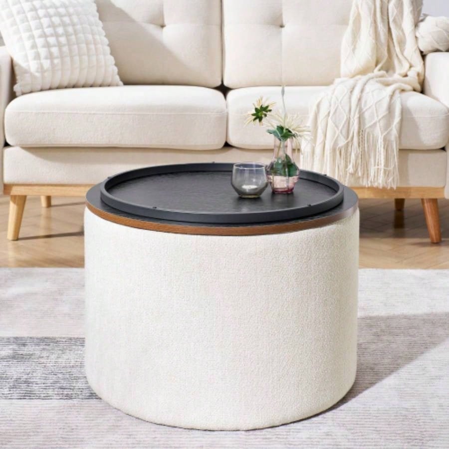 2 - Piece Set Round Chenille Storage Ottoman, Equipped with a Drum Shaped Small Stool, Storage Space, and MDF Made Desktop Panel Beige 23.62x23.62x16.53