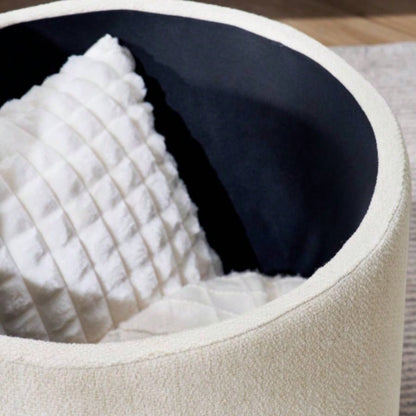2 - Piece Set Round Chenille Storage Ottoman, Equipped with a Drum Shaped Small Stool, Storage Space, and MDF Made Desktop Panel Beige 23.62x23.62x16.53