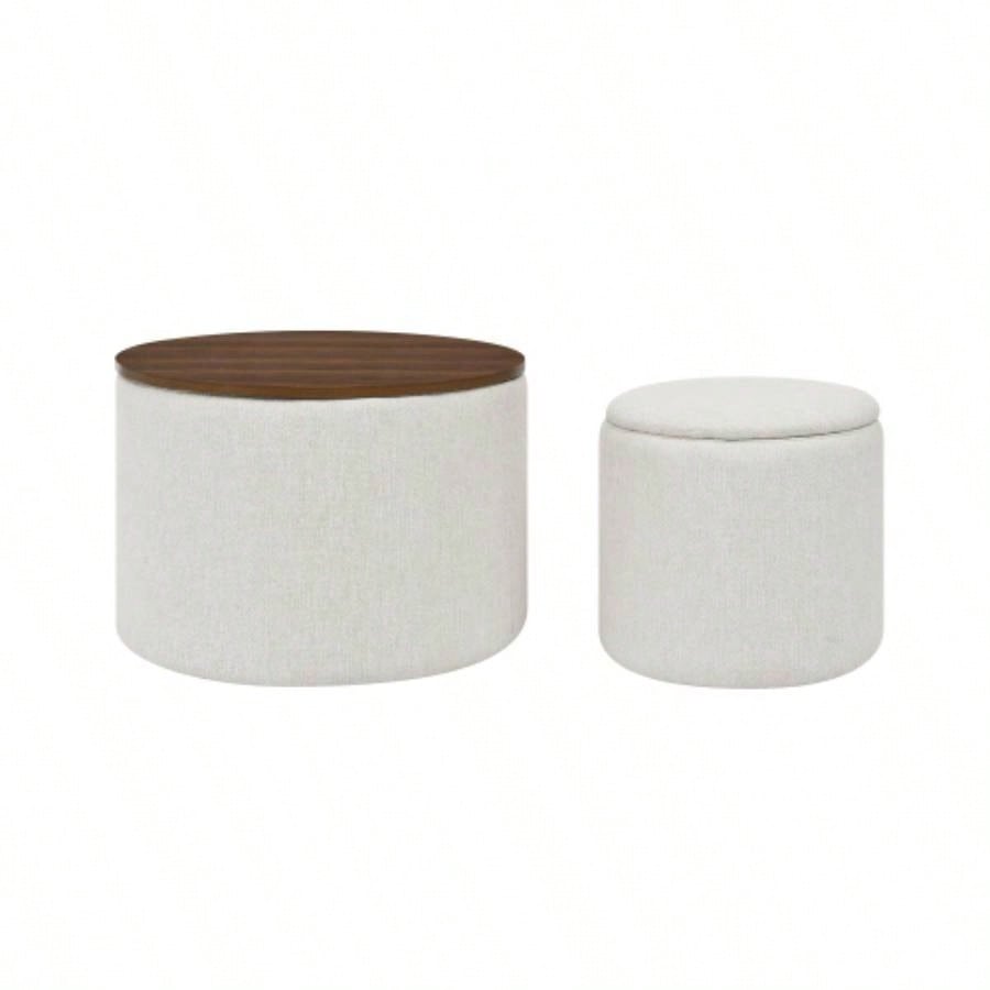 2 - Piece Set Round Chenille Storage Ottoman, Equipped with a Drum Shaped Small Stool, Storage Space, and MDF Made Desktop Panel Beige 23.62x23.62x16.53