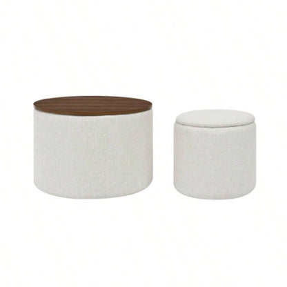 2 - Piece Set Round Chenille Storage Ottoman, Equipped with a Drum Shaped Small Stool, Storage Space, and MDF Made Desktop Panel Beige 23.62x23.62x16.53