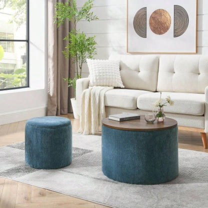 2 - Piece Set Round Chenille Storage Ottoman, Equipped with a Drum Shaped Small Stool, Storage Space, and MDF Made Desktop Panel Beige 23.62x23.62x16.53