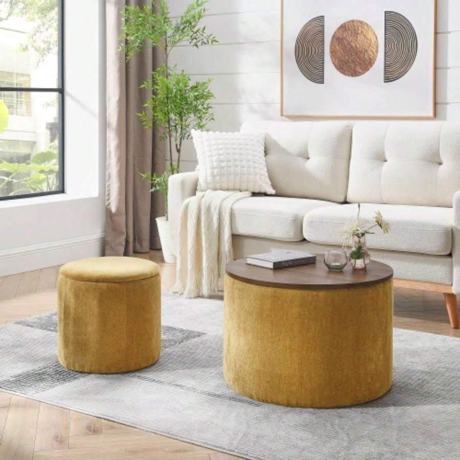 2 - Piece Set Round Chenille Storage Ottoman, Equipped with a Drum Shaped Small Stool, Storage Space, and MDF Made Desktop Panel Beige 23.62x23.62x16.53
