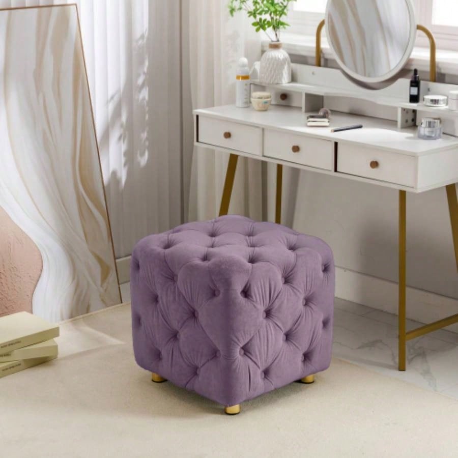 Purple Modern Velvet Upholstered Ottoman, Exquisite Small End Table, Soft Foot Stool, Dressing Makeup Chair, Comfortable Living Room, Bedroom, Entrance
