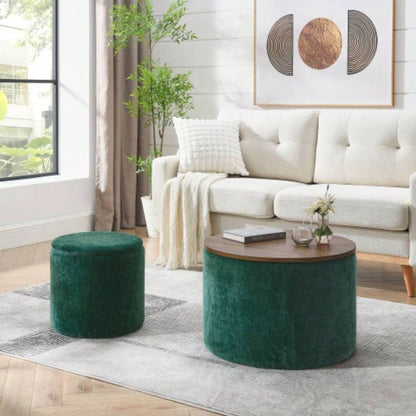 2 - Piece Set Round Chenille Storage Ottoman, Equipped with a Drum Shaped Small Stool, Storage Space, and MDF Made Desktop Panel Beige 23.62x23.62x16.53