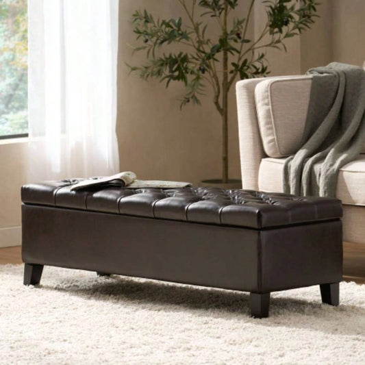 Ottoman with Storage, Dark Brown PU Surface, Rubber Wood, 300 lbs Capacity