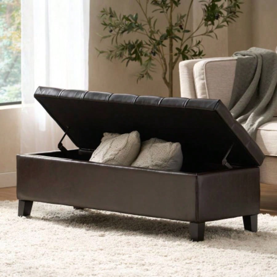 Ottoman with Storage, Dark Brown PU Surface, Rubber Wood, 300 lbs Capacity