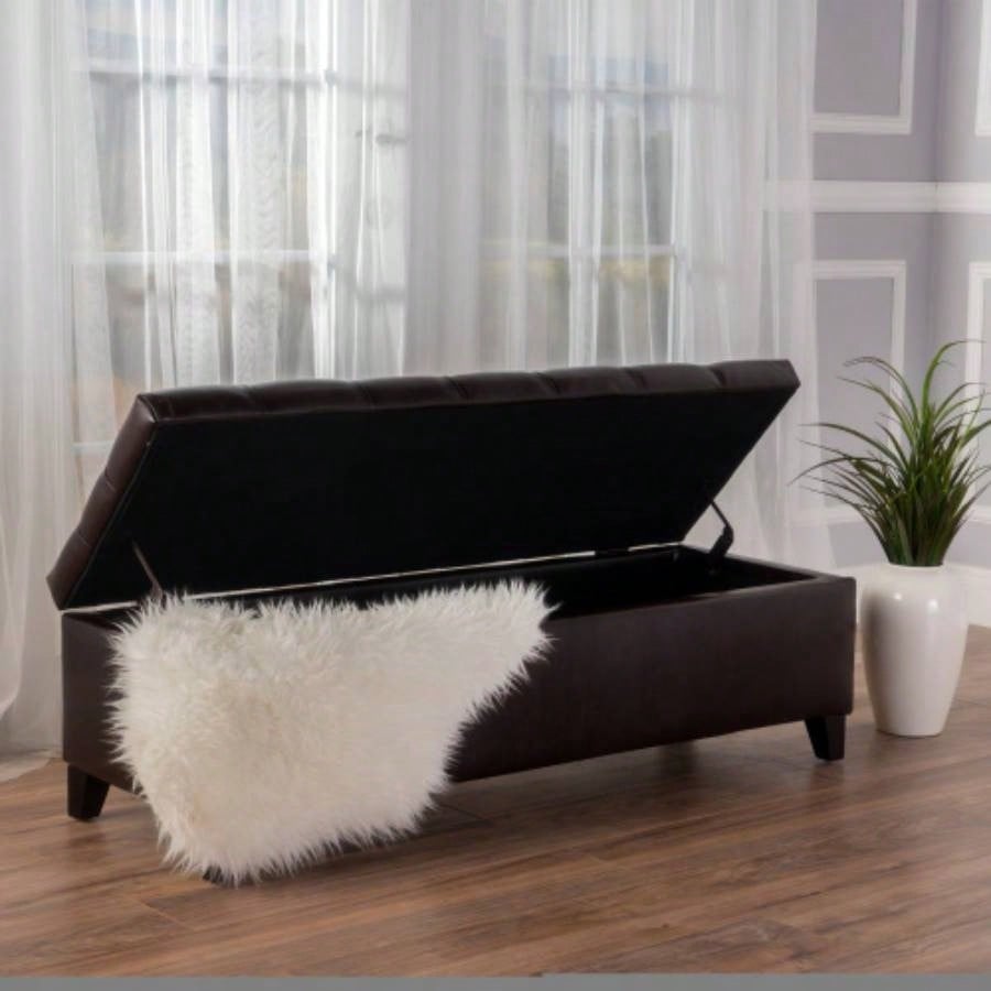 Ottoman with Storage, Dark Brown PU Surface, Rubber Wood, 300 lbs Capacity