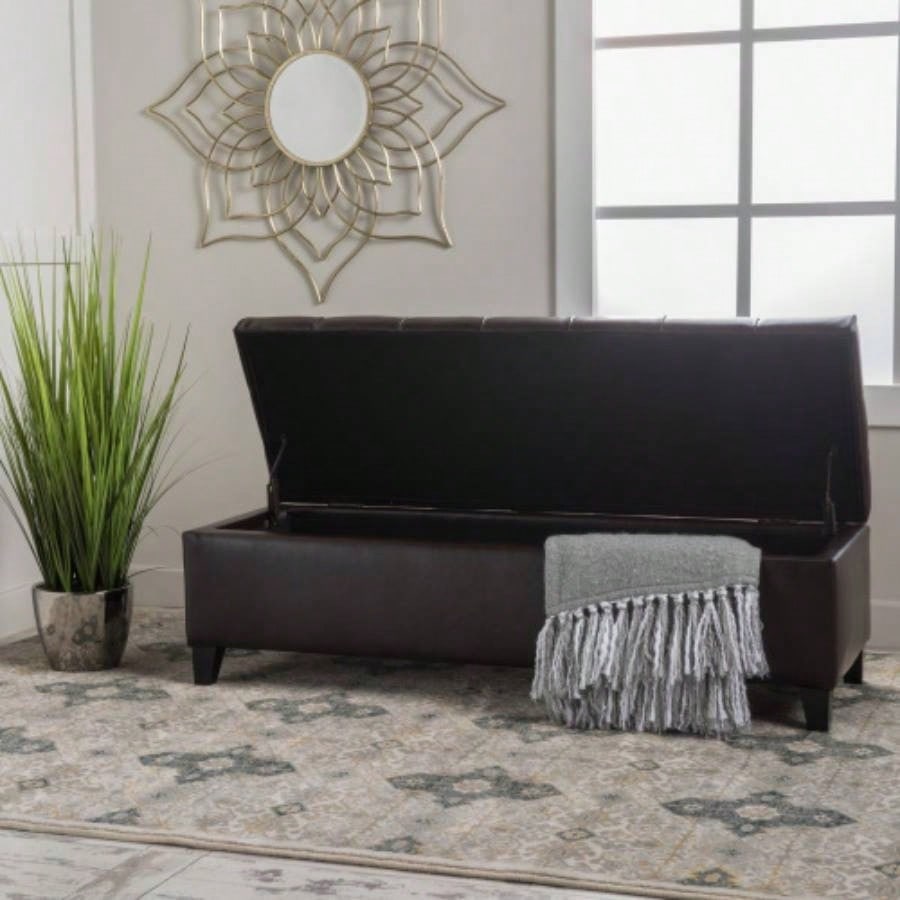 Ottoman with Storage, Dark Brown PU Surface, Rubber Wood, 300 lbs Capacity