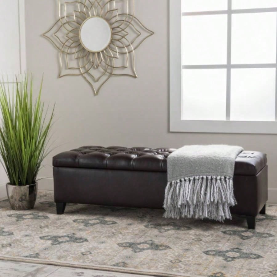 Ottoman with Storage, Dark Brown PU Surface, Rubber Wood, 300 lbs Capacity