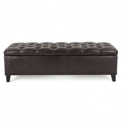 Ottoman with Storage, Dark Brown PU Surface, Rubber Wood, 300 lbs Capacity