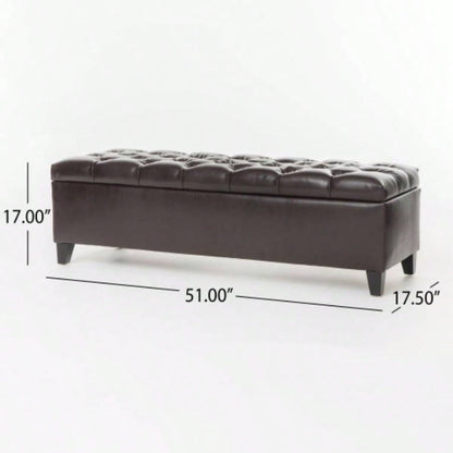 Ottoman with Storage, Dark Brown PU Surface, Rubber Wood, 300 lbs Capacity