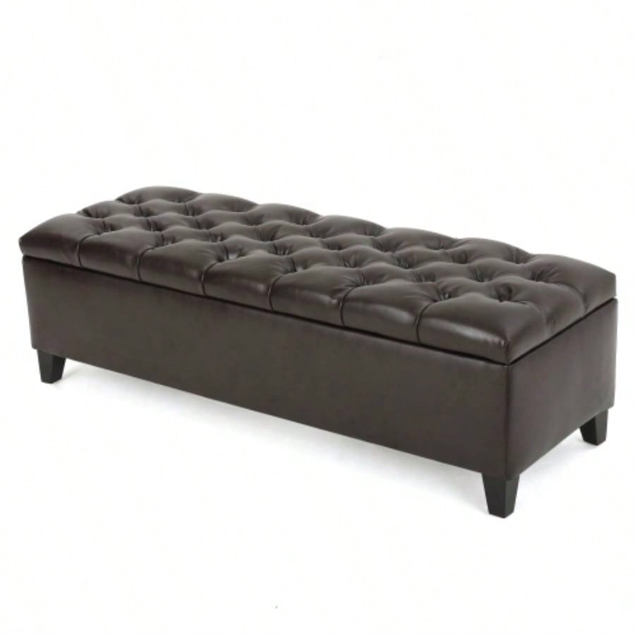 Ottoman with Storage, Dark Brown PU Surface, Rubber Wood, 300 lbs Capacity