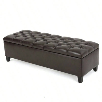 Ottoman with Storage, Dark Brown PU Surface, Rubber Wood, 300 lbs Capacity