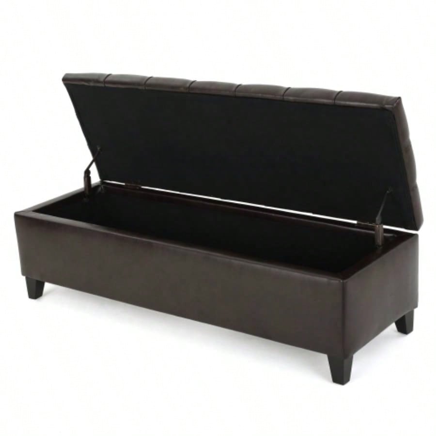 Ottoman with Storage, Dark Brown PU Surface, Rubber Wood, 300 lbs Capacity