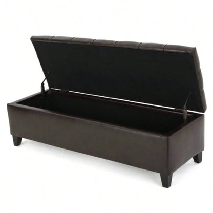 Ottoman with Storage, Dark Brown PU Surface, Rubber Wood, 300 lbs Capacity