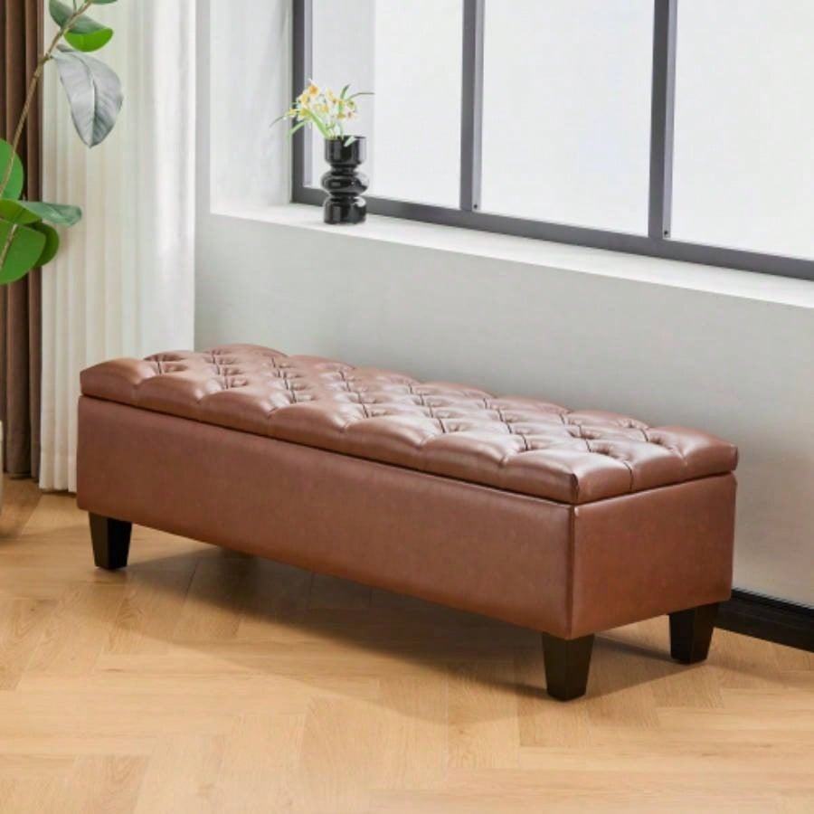 Ottoman with Storage, Dark Brown PU Surface, Rubber Wood, 300 lbs Capacity