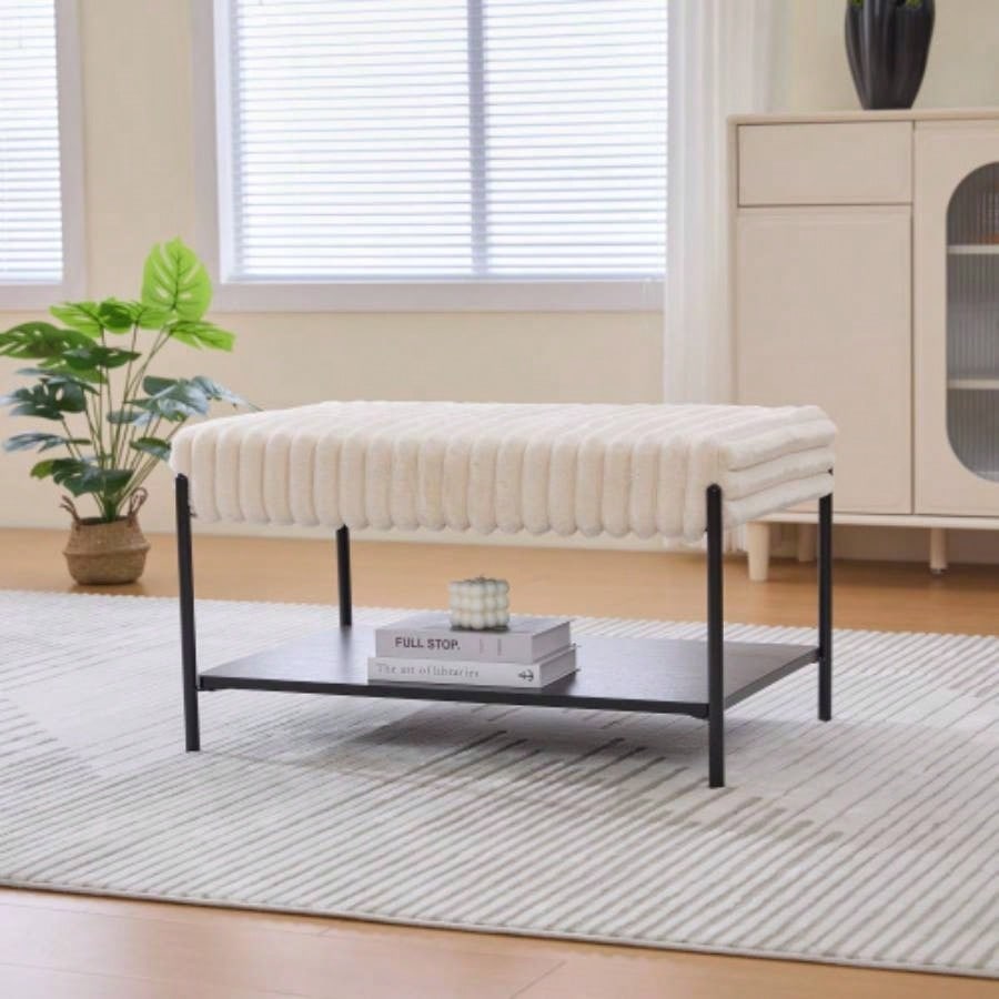 30. Wide Upholstered Ottoman Coffee Table Foot Rest with Black Metal, Footstool with Wooden Open Storage Shelf, Faux Fur Foot Stool Living Room Bedroom Entryway Hotel. Beige