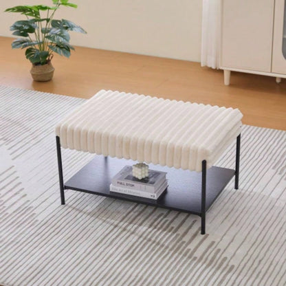 30. Wide Upholstered Ottoman Coffee Table Foot Rest with Black Metal, Footstool with Wooden Open Storage Shelf, Faux Fur Foot Stool Living Room Bedroom Entryway Hotel. Beige