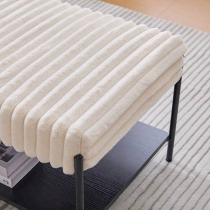 30. Wide Upholstered Ottoman Coffee Table Foot Rest with Black Metal, Footstool with Wooden Open Storage Shelf, Faux Fur Foot Stool Living Room Bedroom Entryway Hotel. Beige