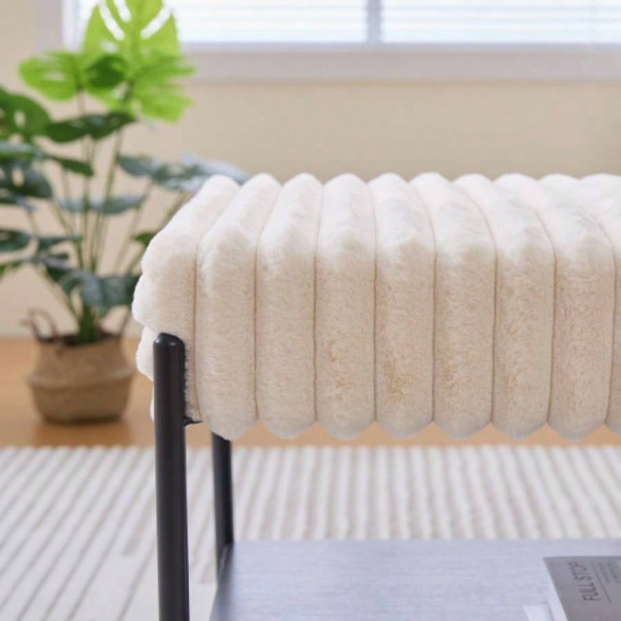 30. Wide Upholstered Ottoman Coffee Table Foot Rest with Black Metal, Footstool with Wooden Open Storage Shelf, Faux Fur Foot Stool Living Room Bedroom Entryway Hotel. Beige