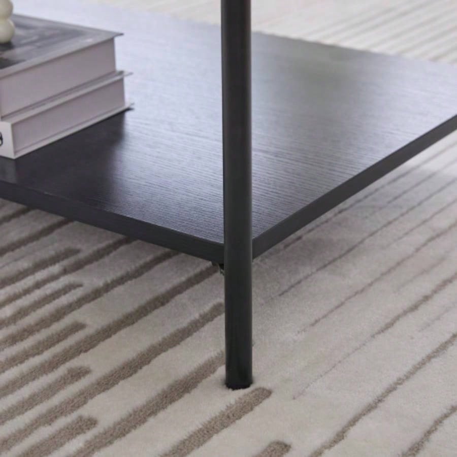 30. Wide Upholstered Ottoman Coffee Table Foot Rest with Black Metal, Footstool with Wooden Open Storage Shelf, Faux Fur Foot Stool Living Room Bedroom Entryway Hotel. Beige