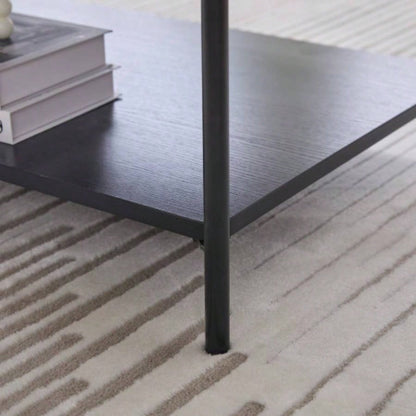 30. Wide Upholstered Ottoman Coffee Table Foot Rest with Black Metal, Footstool with Wooden Open Storage Shelf, Faux Fur Foot Stool Living Room Bedroom Entryway Hotel. Beige