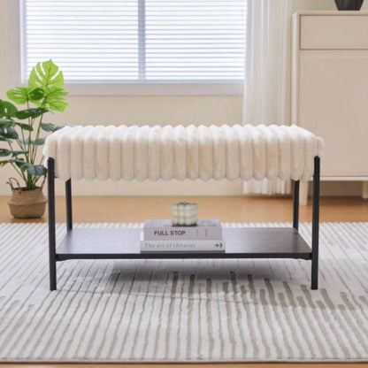 30. Wide Upholstered Ottoman Coffee Table Foot Rest with Black Metal, Footstool with Wooden Open Storage Shelf, Faux Fur Foot Stool Living Room Bedroom Entryway Hotel. Beige