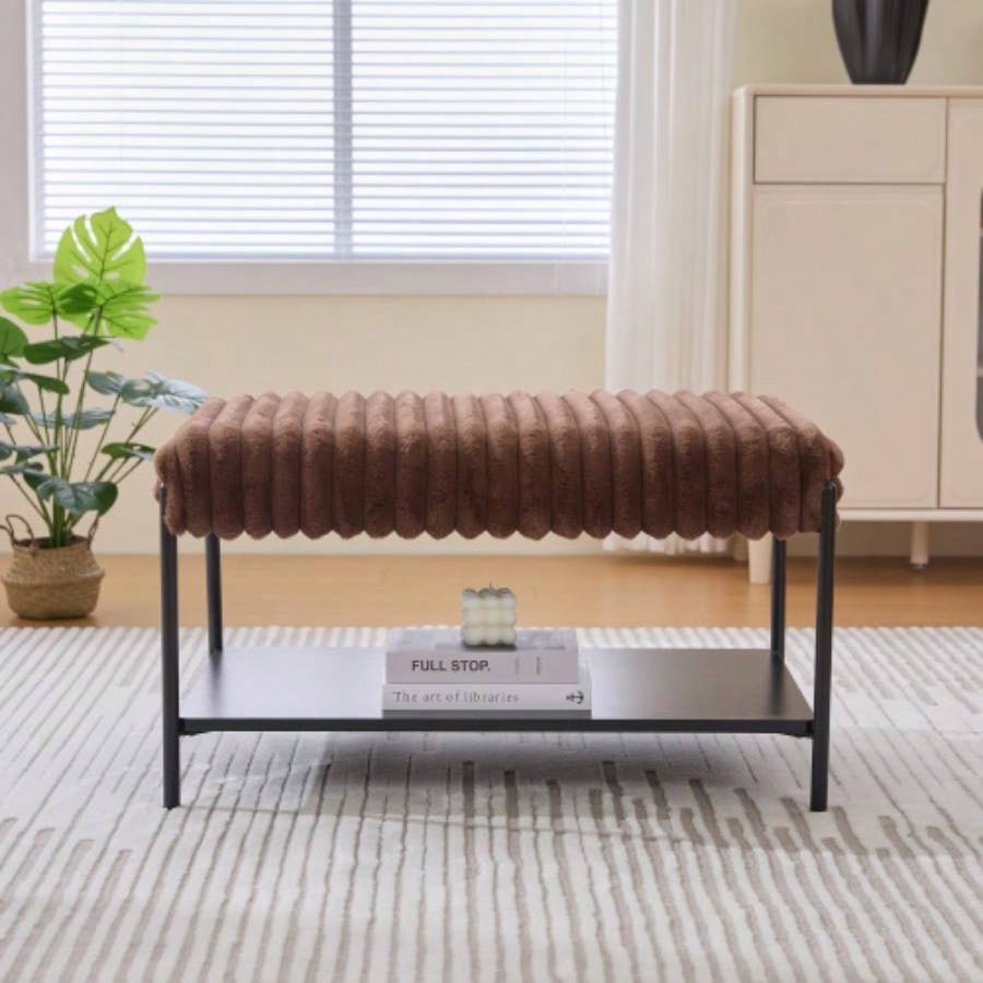 30. Wide Upholstered Ottoman Coffee Table Foot Rest with Black Metal, Footstool with Wooden Open Storage Shelf, Faux Fur Foot Stool Living Room Bedroom Entryway Hotel. Beige