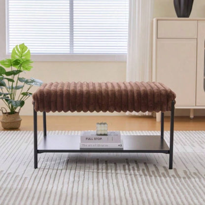 30. Wide Upholstered Ottoman Coffee Table Foot Rest with Black Metal, Footstool with Wooden Open Storage Shelf, Faux Fur Foot Stool Living Room Bedroom Entryway Hotel. Beige