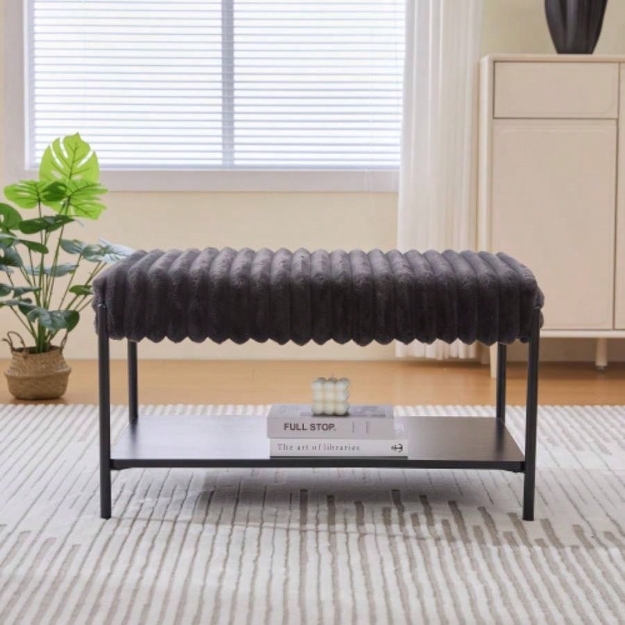 30. Wide Upholstered Ottoman Coffee Table Foot Rest with Black Metal, Footstool with Wooden Open Storage Shelf, Faux Fur Foot Stool Living Room Bedroom Entryway Hotel. Beige