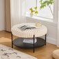 30. Wide Upholstered Ottoman Coffee Table Foot Rest with Black Metal, Footstool with Wooden Open Storage Shelf, Faux Fur Foot Stool Living Room Bedroom Entryway Hotel. Beige