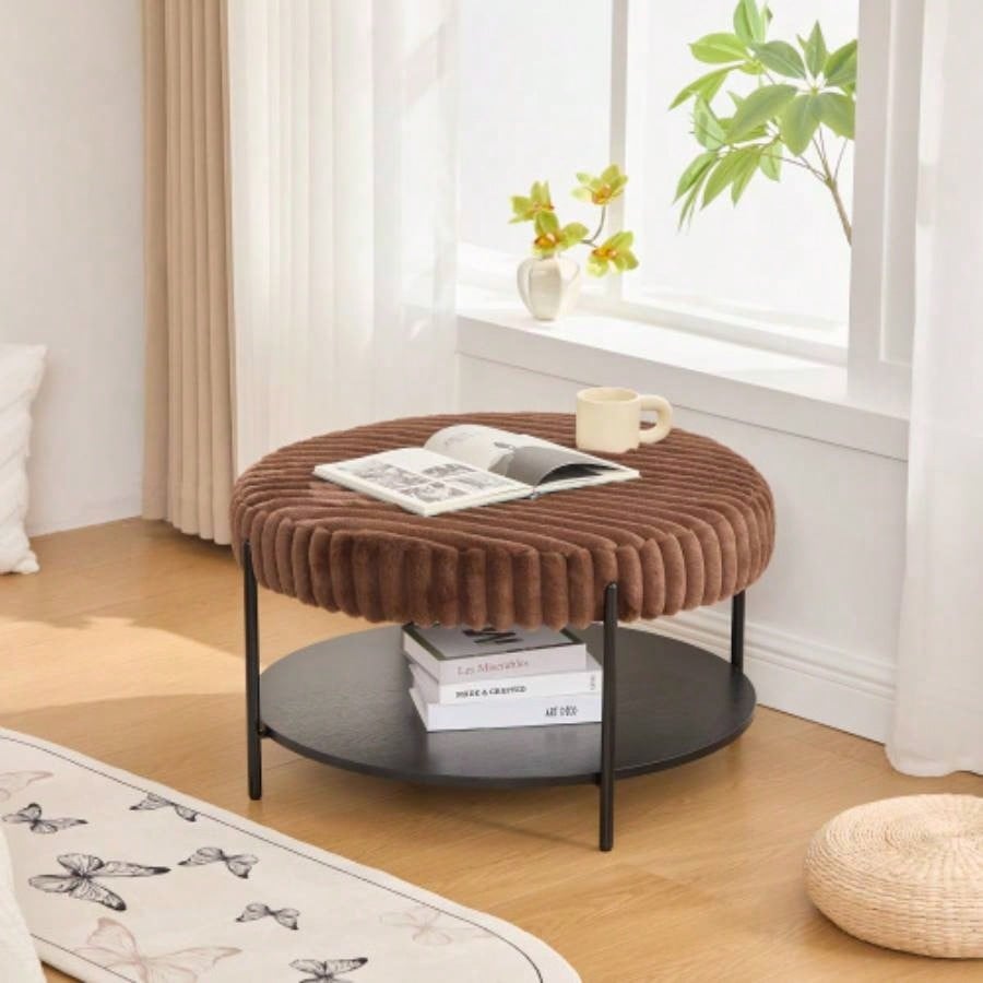 30. Wide Upholstered Ottoman Coffee Table Foot Rest with Black Metal, Footstool with Wooden Open Storage Shelf, Faux Fur Foot Stool Living Room Bedroom Entryway Hotel. Beige