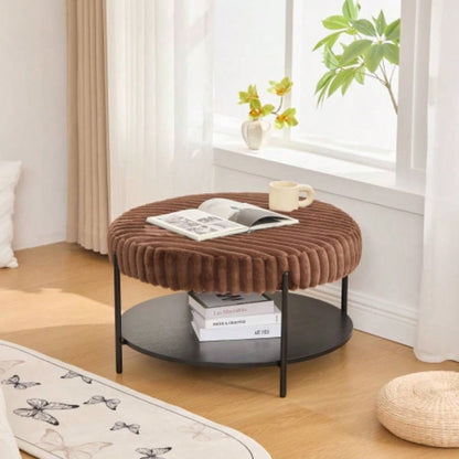 30. Wide Upholstered Ottoman Coffee Table Foot Rest with Black Metal, Footstool with Wooden Open Storage Shelf, Faux Fur Foot Stool Living Room Bedroom Entryway Hotel. Beige