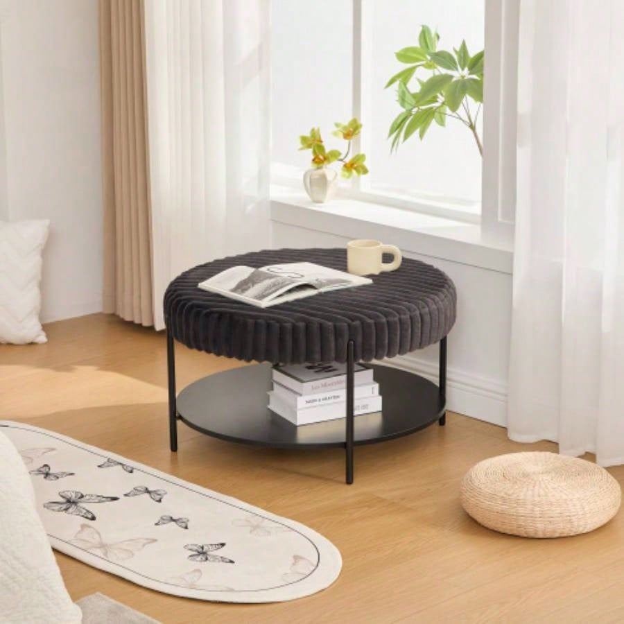 30. Wide Upholstered Ottoman Coffee Table Foot Rest with Black Metal, Footstool with Wooden Open Storage Shelf, Faux Fur Foot Stool Living Room Bedroom Entryway Hotel. Beige