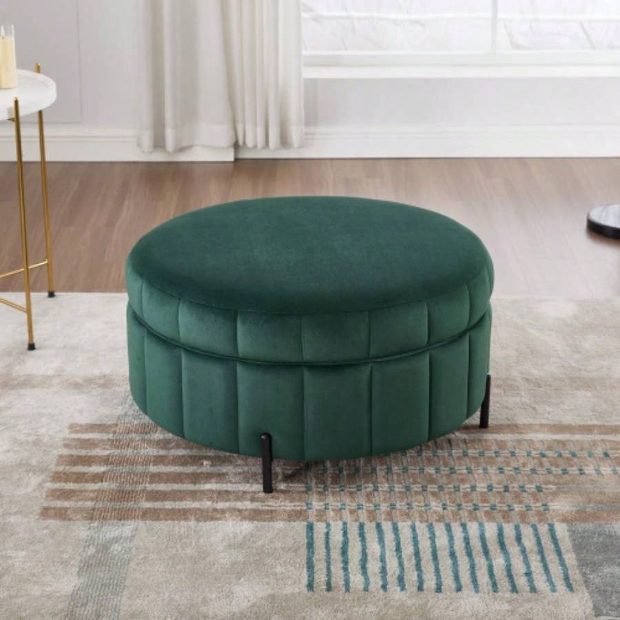 31.5 Upholstered Round Ottoman With Reversible Lid, Velvet Storage Stool, Channel Tufted Pumpkin - shape Footstool Living room, Bedroom and Office, Green