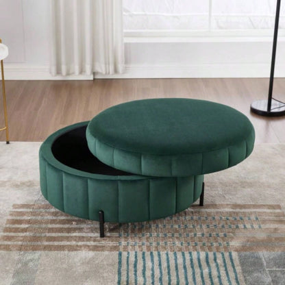 31.5 Upholstered Round Ottoman With Reversible Lid, Velvet Storage Stool, Channel Tufted Pumpkin - shape Footstool Living room, Bedroom and Office, Green