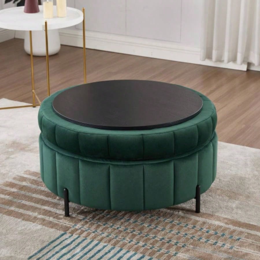 31.5 Upholstered Round Ottoman With Reversible Lid, Velvet Storage Stool, Channel Tufted Pumpkin - shape Footstool Living room, Bedroom and Office, Green