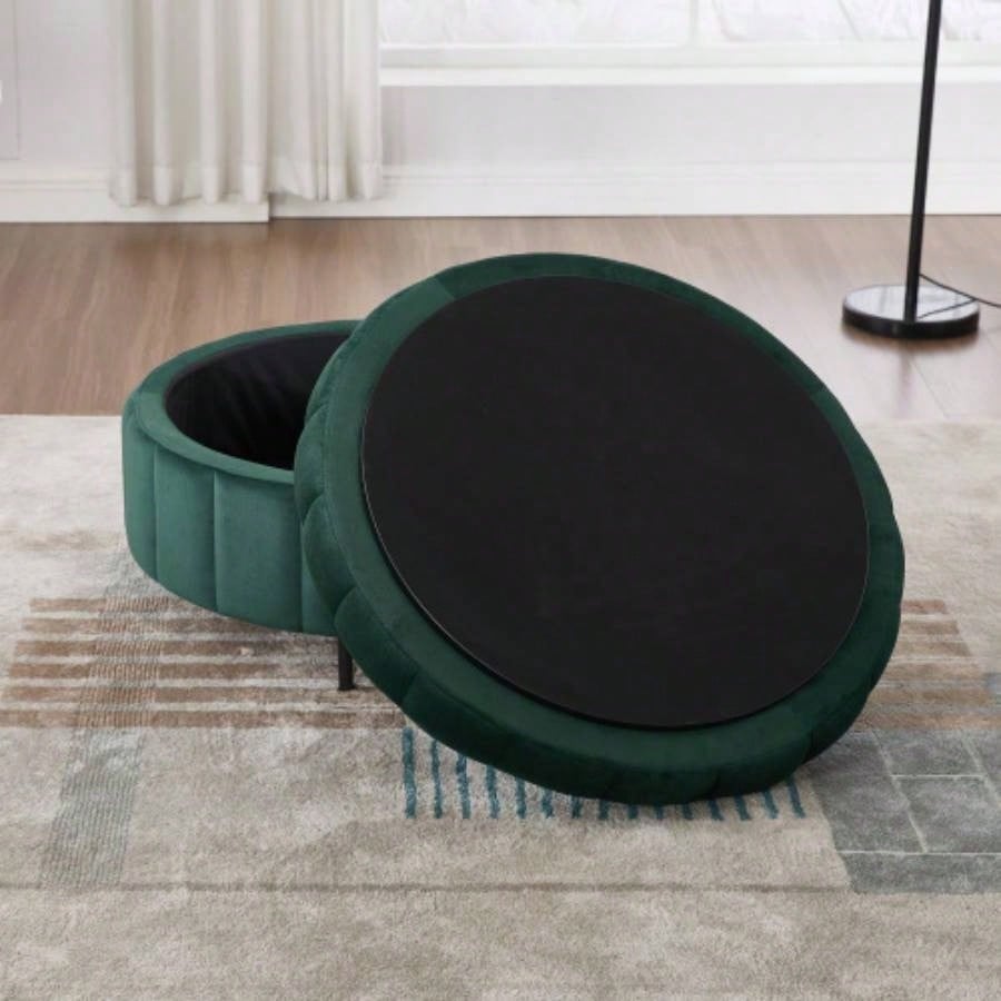 31.5 Upholstered Round Ottoman With Reversible Lid, Velvet Storage Stool, Channel Tufted Pumpkin - shape Footstool Living room, Bedroom and Office, Green