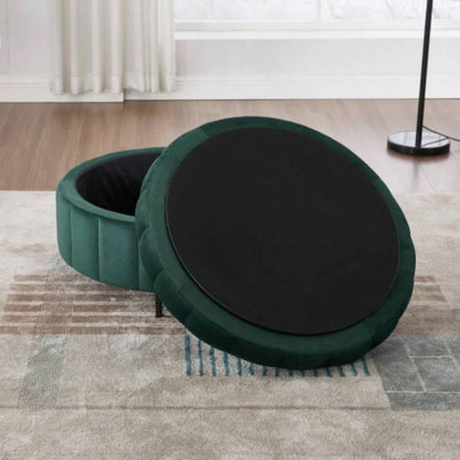 31.5 Upholstered Round Ottoman With Reversible Lid, Velvet Storage Stool, Channel Tufted Pumpkin - shape Footstool Living room, Bedroom and Office, Green