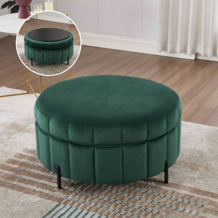 31.5 Upholstered Round Ottoman With Reversible Lid, Velvet Storage Stool, Channel Tufted Pumpkin - shape Footstool Living room, Bedroom and Office, Green