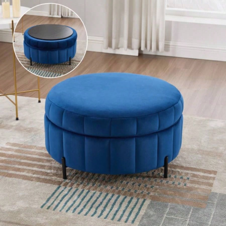 31.5 Upholstered Round Ottoman With Reversible Lid, Velvet Storage Stool, Channel Tufted Pumpkin - shape Footstool Living room, Bedroom and Office, Green