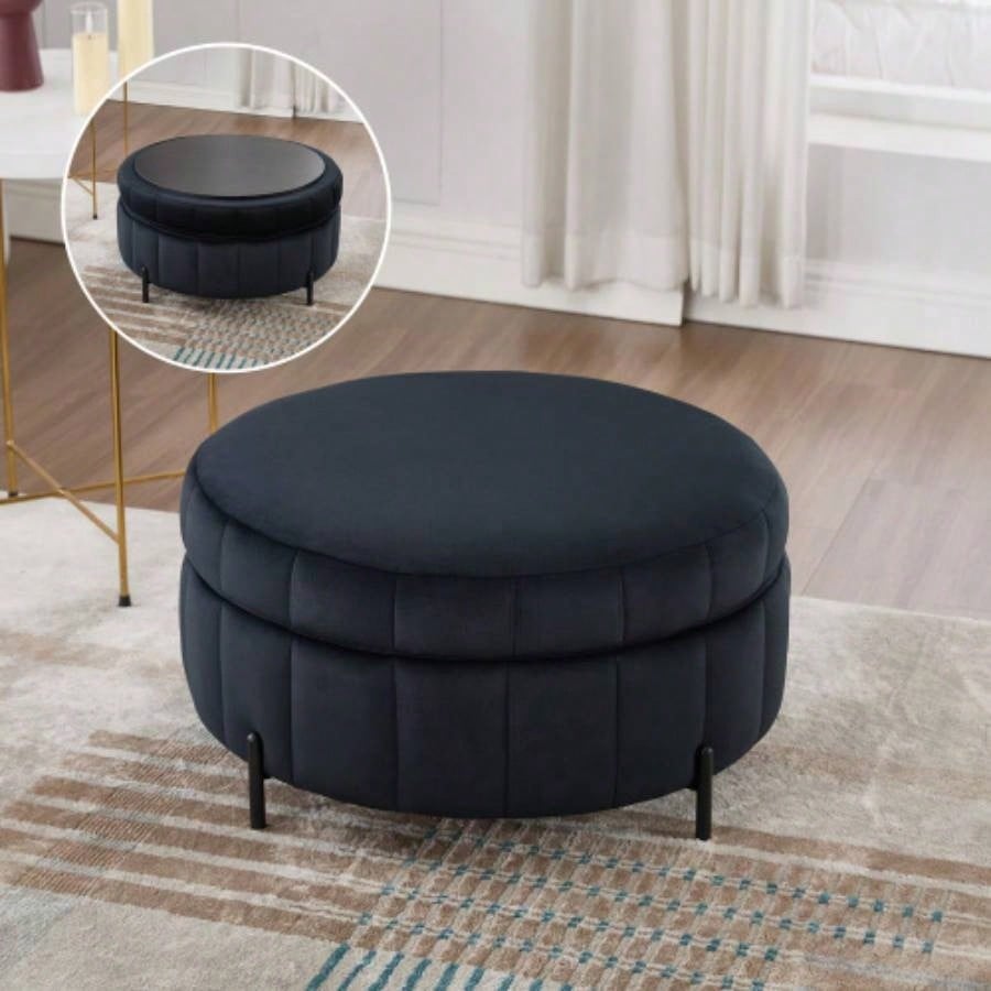 31.5 Upholstered Round Ottoman With Reversible Lid, Velvet Storage Stool, Channel Tufted Pumpkin - shape Footstool Living room, Bedroom and Office, Green