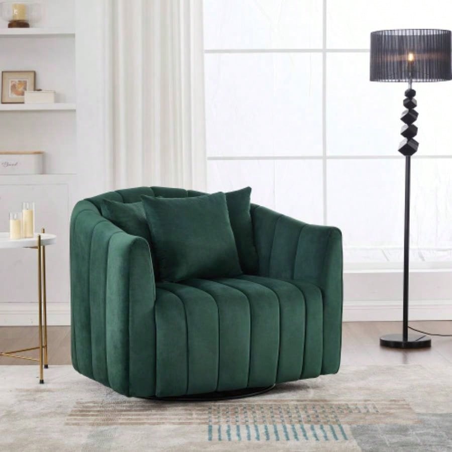 31.5 Upholstered Round Ottoman With Reversible Lid, Velvet Storage Stool, Channel Tufted Pumpkin - shape Footstool Living room, Bedroom and Office, Green