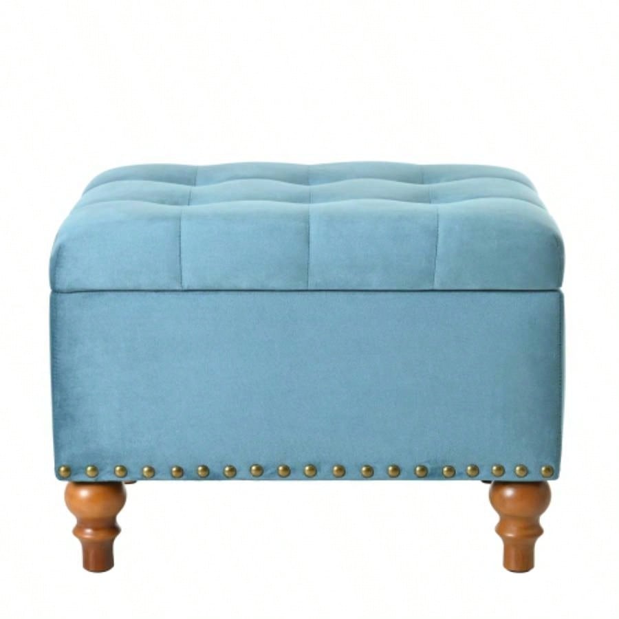 Square velvet upholstered Ottoman with storage space, hidden support hinges with easy to open top, rivets trim around Light Blue