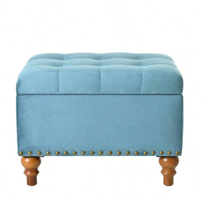 Square velvet upholstered Ottoman with storage space, hidden support hinges with easy to open top, rivets trim around Light Blue