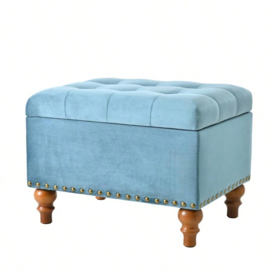 Square velvet upholstered Ottoman with storage space, hidden support hinges with easy to open top, rivets trim around Light Blue